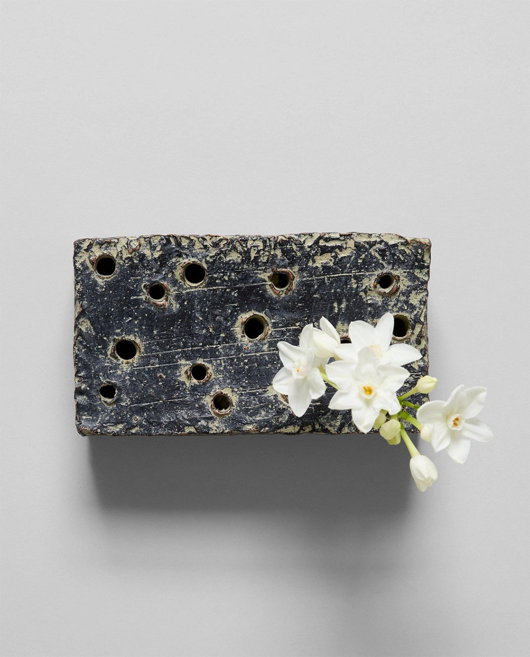 Atuto Rectangle Ceramic Flower Frog Block Grey Patina