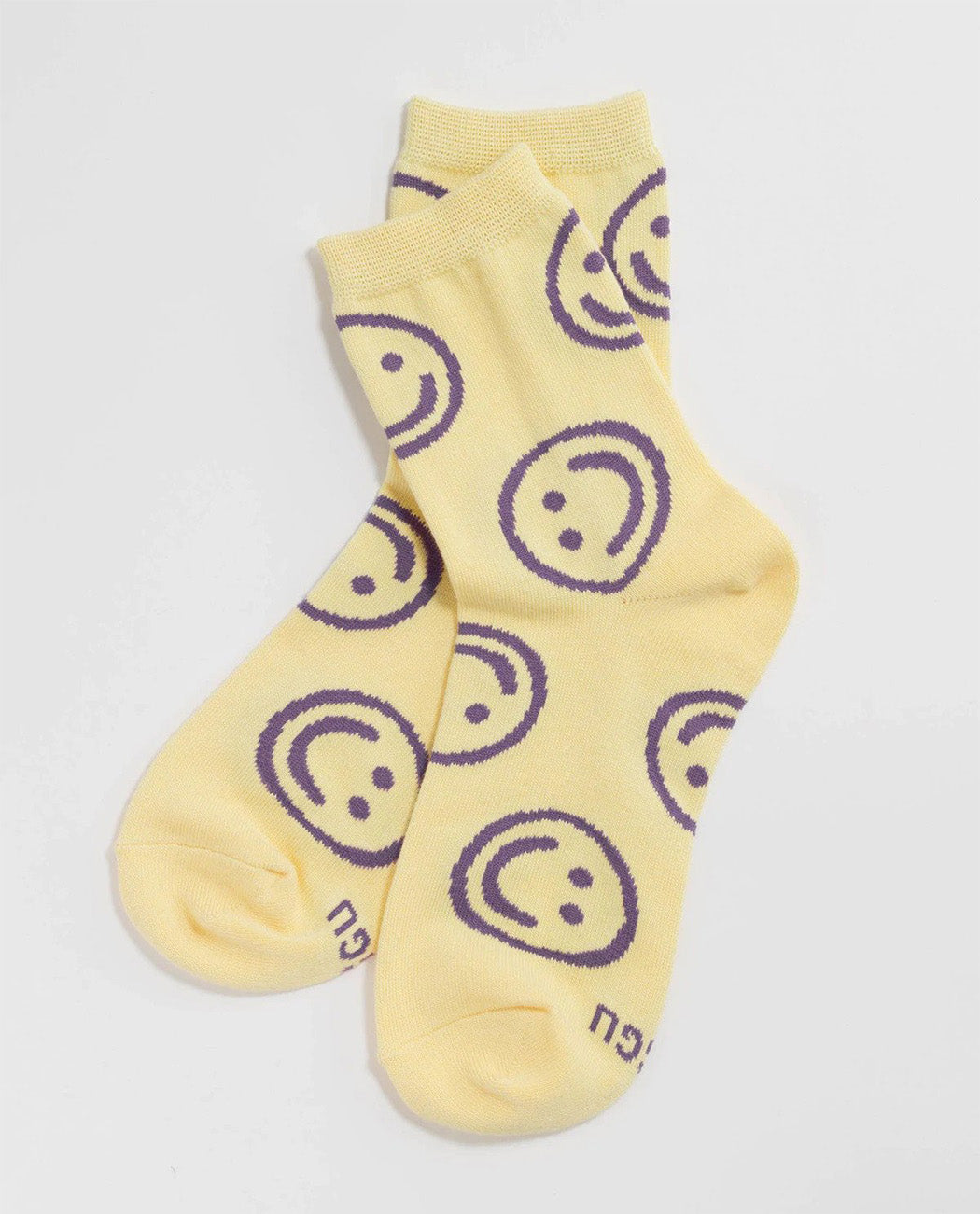 Baggu Crew Sock Butter Happy Smiley Yellow Bamboo
